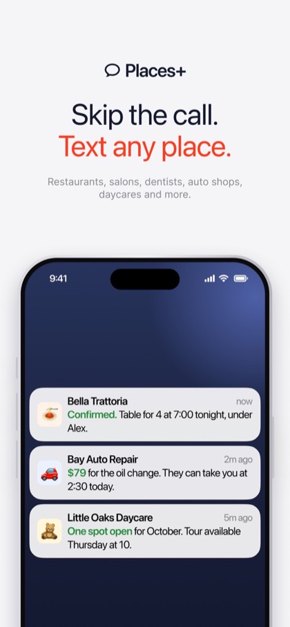 Reqly App Store screenshot: Skip the call. Text any place.