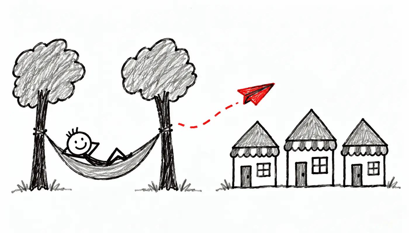 Hand-drawn sketch: a relaxed person in a hammock while a red paper airplane flies toward a row of small shops