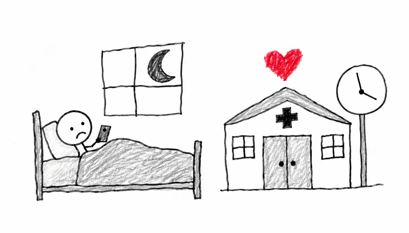 Hand-drawn sketch: a worried person in bed late at night holding a phone, next to a closed doctor's office with a clock and a red heart
