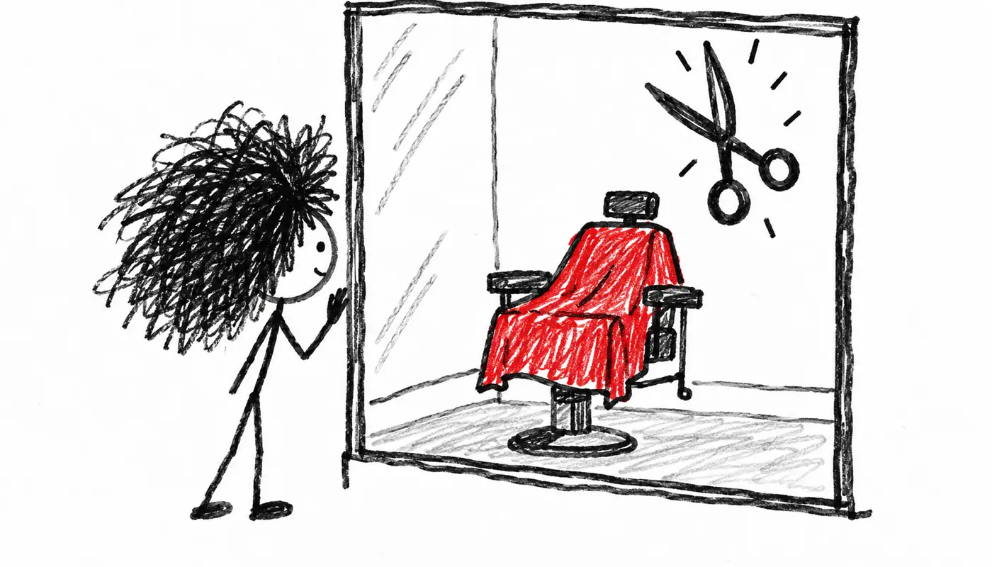 Hand-drawn sketch: a person with wild overgrown hair peeking into a barbershop at an empty chair with a red cape