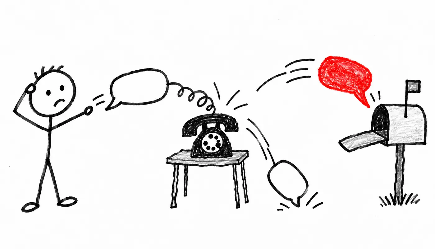 Hand-drawn sketch: a text bubble bounces off an old landline phone while a red bubble lands in a mailbox