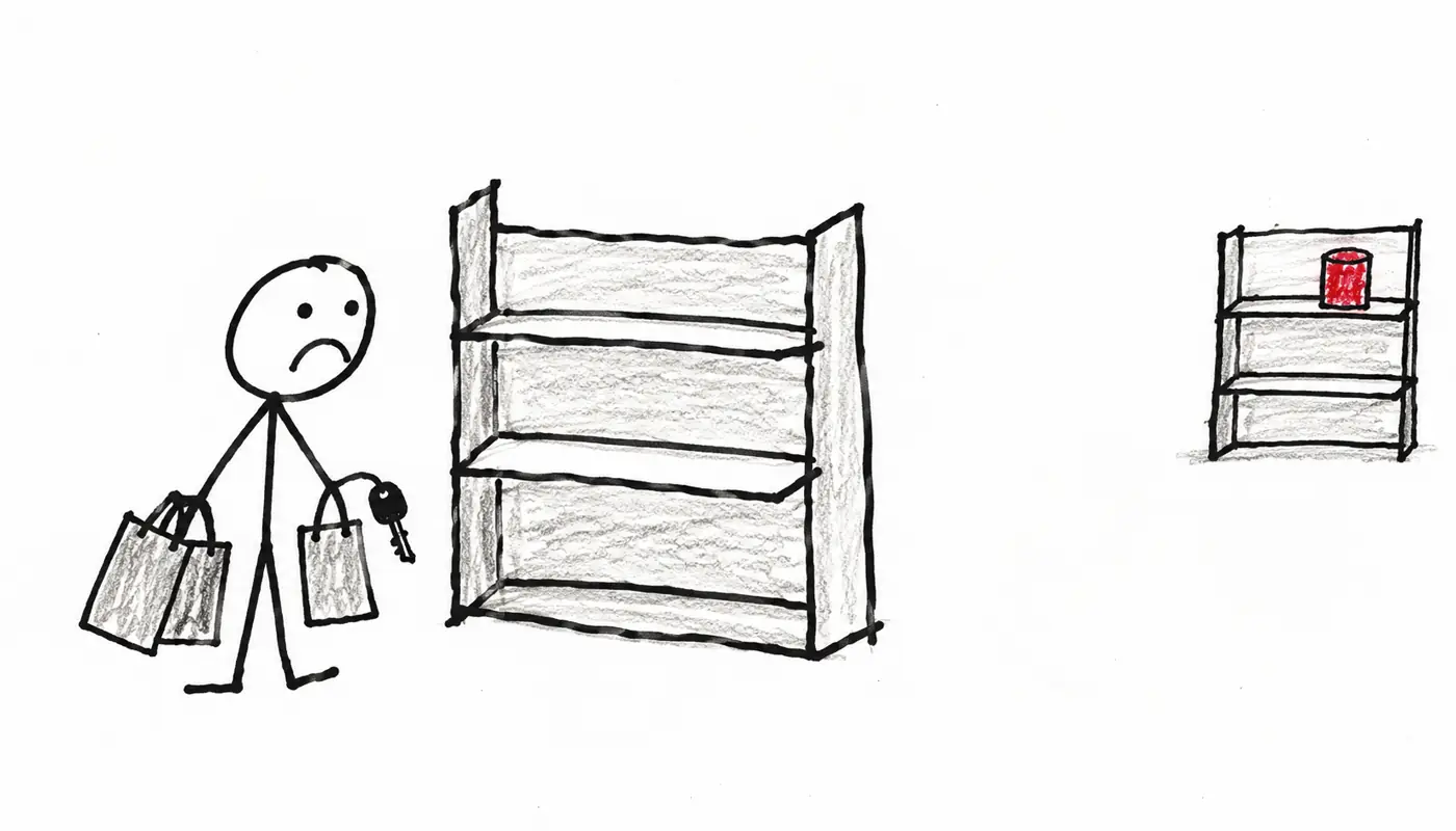 Hand-drawn sketch: a disappointed shopper in front of an empty shelf, with the one item they wanted in red on a shelf far away
