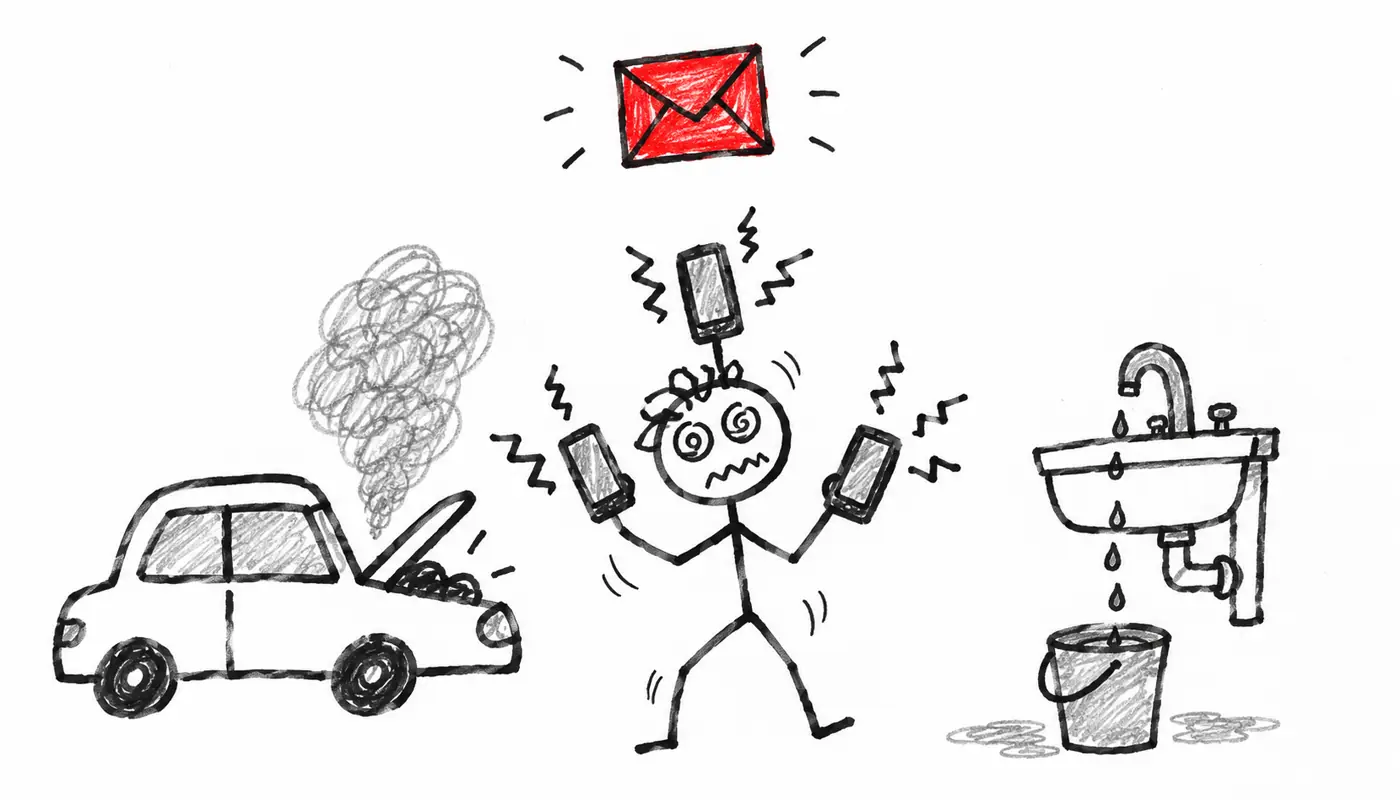 Hand-drawn sketch: a dizzy person juggling ringing phones between a smoking car and a leaking sink, with a red envelope above