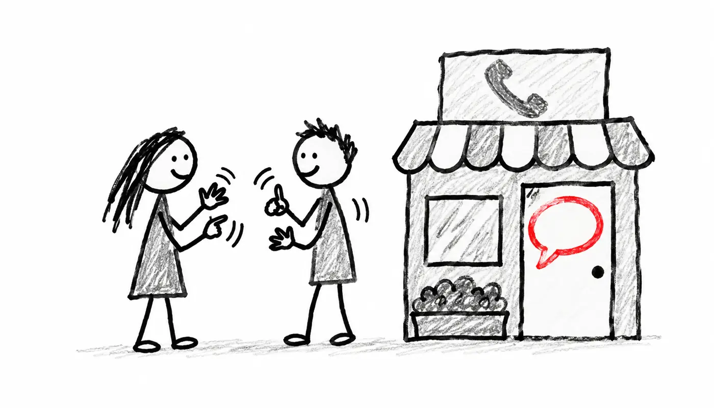 Hand-drawn sketch: two people happily signing outside a shop that shows a phone sign and a red chat bubble on the door