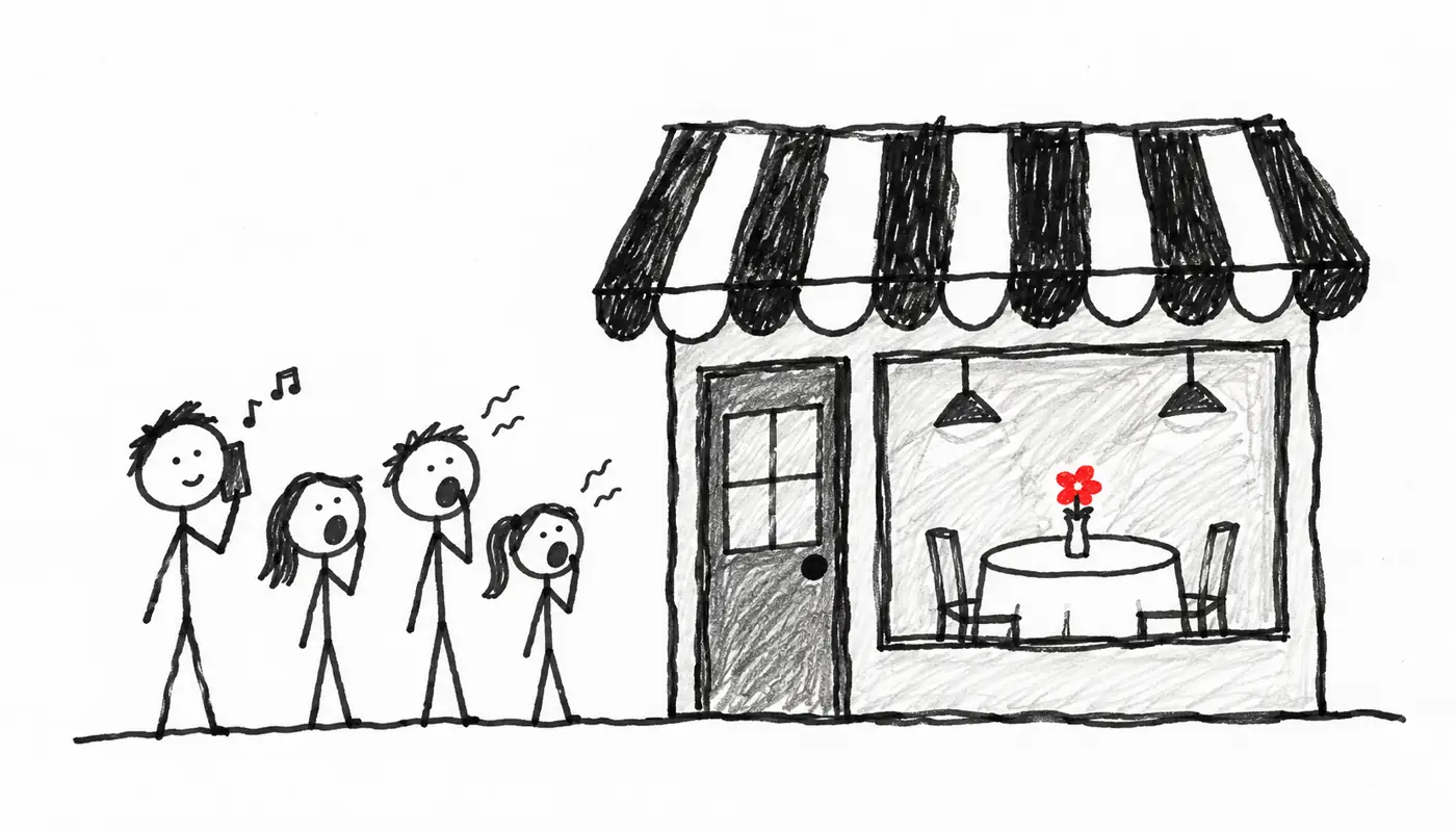 Hand-drawn sketch: friends waiting outside a restaurant, one on hold on the phone, with an empty table and a red flower inside