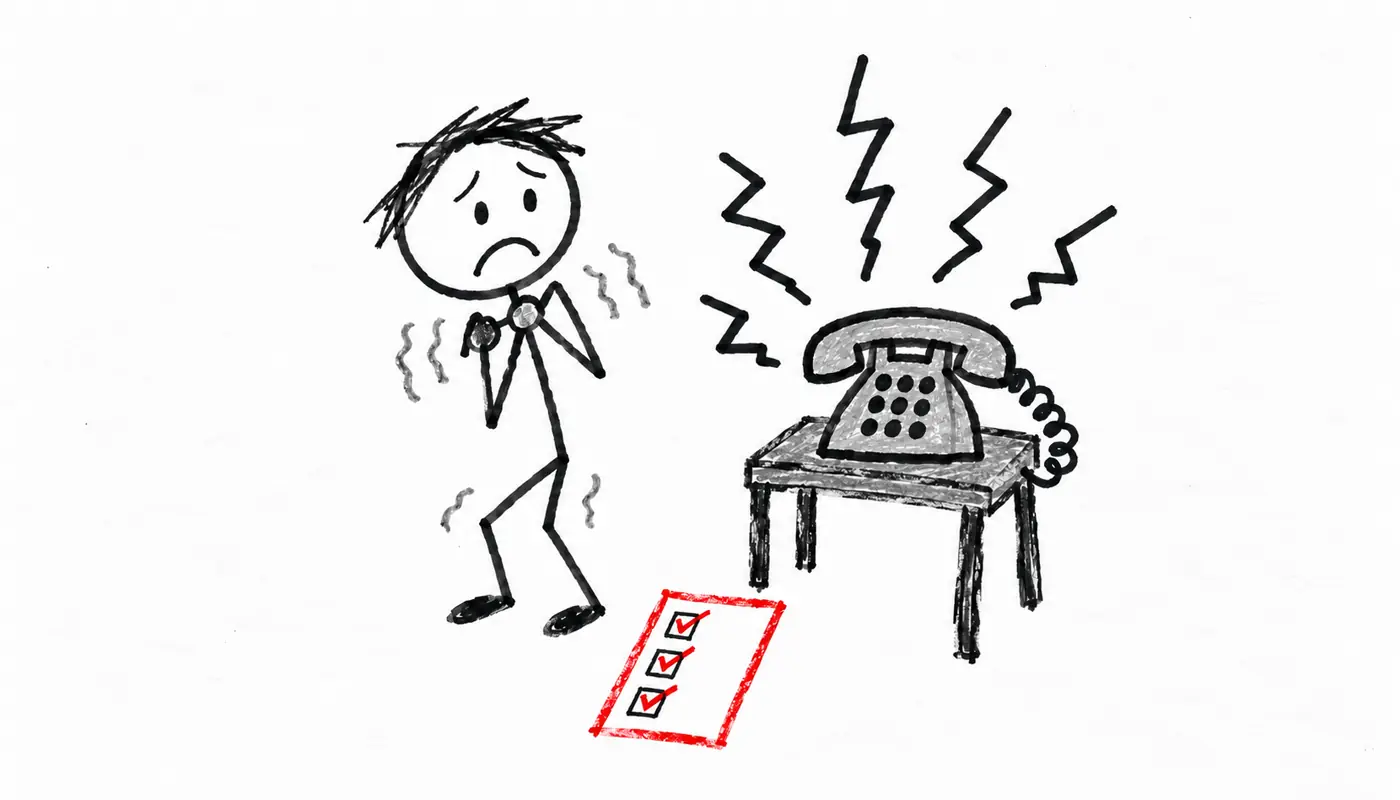 Hand-drawn sketch: a nervous person shaking at a ringing phone, with a red checklist on the floor