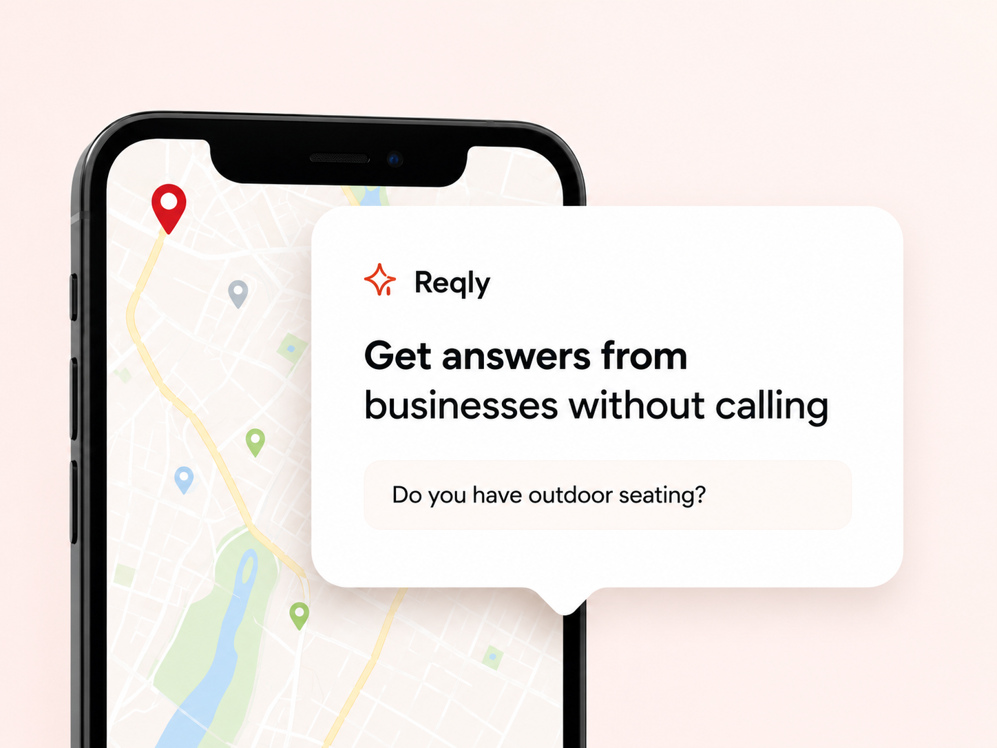 Reqly answering a question on a phone showing a map